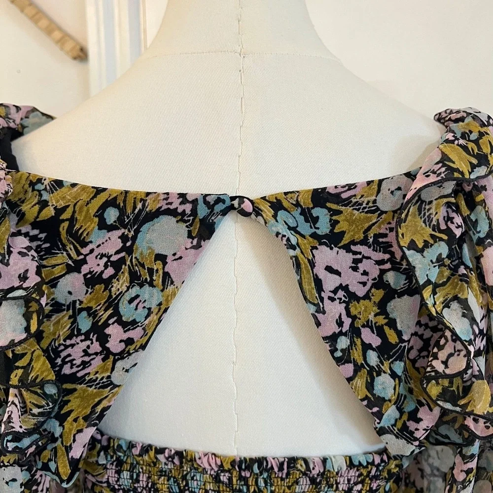 Free People Multicolor Floral Mable Ruched Smocked Blouse Boho Ballon Sleeves XS